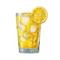 A glass of lemonade with ice cubes and a lemon slice on top png