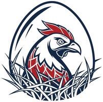 hen, nested amidst a bed of straw within a decorative egg Keywords language vector