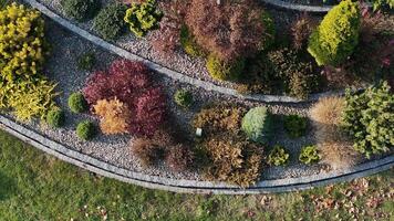 Variety of Colorful Plants Arranged in a Curved Landscape Design Aerial View video