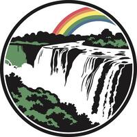 Waterfall cascading over layered cliffs, a vibrant rainbow arching gracefully overhead. vector