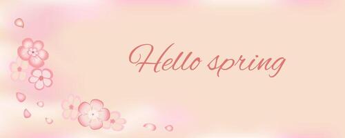 Spring background with abstract shapes, cherry flowers and flying petals on pink background. vector