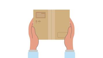 Animated hands delivering a cardboard package, efficiency in distribution, supply chain and ecommerce logistics. Ensures smooth shipping, accurate delivery, and optimized stock management for business video