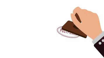 Animation of a hand stamping POSTPONED in a flat design style. Perfect for business, scheduling or announcement visuals. High quality 4K resolution, ideal for presentations, motion graphic, UI element video
