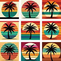 Retro Vintage Palm Tree Sunset, set of beach bundle, palm tree silhouette on retro stripes with Sunset Background vector
