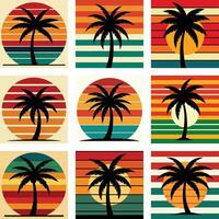 Retro Vintage Palm Tree Sunset, set of beach bundle, palm tree silhouette on retro stripes with a sun vector