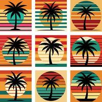 Retro Vintage Palm Tree Sunset, set of beach bundle, palm tree silhouette on retro stripes with sun background vector