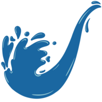 A stylized blue water splash design, featuring a curved, saxophone-like shape resembling a splash, with smaller droplets, all in a vibrant blue hue against a light background. png