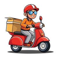 cartoon delivery boy riding scooter with boxes white background vector