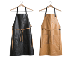 Elegant black and tan leather aprons displayed on hangers, showcasing craftsmanship, style, and functionality png