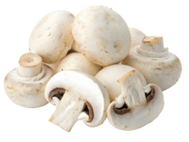 Cluster of whole and sliced white button mushrooms with visible gills and slight soil traces png
