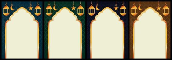 4 sets of Ramadan-themed background designs, with ornaments, frame borders, and lanterns vector