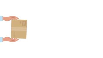 Animated hands delivering a cardboard package, symbolizing efficiency in distribution, supply chain, and ecommerce logistics. Ensures smooth shipping, accurate delivery, optimized stock management video