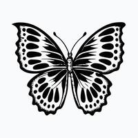 A striking, symmetrical silhouette of a butterfly in black, set against a plain white background. vector