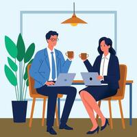 Business colleagues having a productive break with coffee and laptops discussing project details in a modern office setting vector