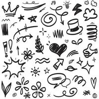 Doodle collection of hand drawn cartoon expression sign doodles, curve direction arrows, emoticon effect design elements, cartoon character emotion symbols, cute decorative brush stroke lines.object vector