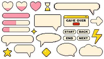 Pixels elements for game set. Pixel dialogue boxes, hearts, chat speech bubbles, flash message frames with text or empty dialog communication box in 8 bit retro style. Pixelated arrow, heart vector