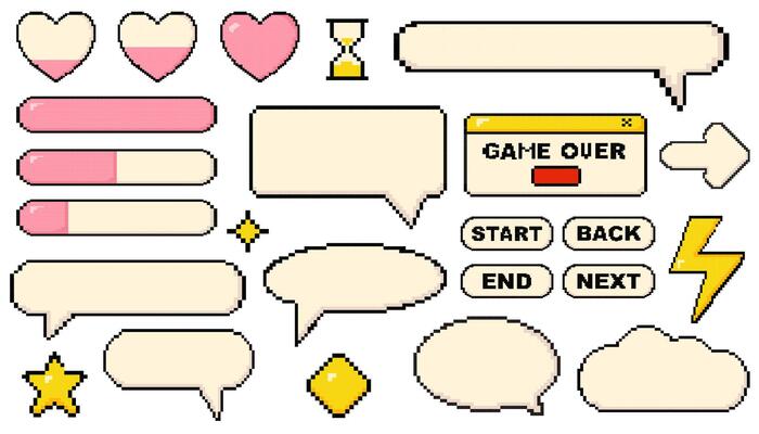 Pixels elements for game set. Pixel dialogue boxes, hearts, chat speech bubbles, flash message frames with text or empty dialog communication box in 8 bit retro style. Pixelated arrow, heart