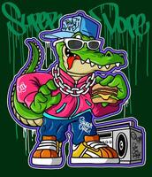 Crocodile Graffiti Cartoon Character. Crocodile Illustration holding burger in gangster style vector