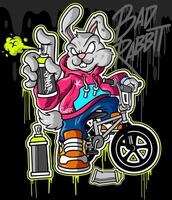 Rabbit Graffiti Cartoon Character. Rabbit Illustration sitting pose on bicycle with holding spray paint vector