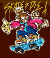 Monkey Graffiti Cartoon Character. Monkey Illustration playing skateboard in stylish pose vector