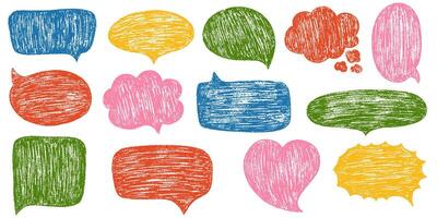 Speech bubbles with crayon or chalk texture. Charcoal doodle speech bubbles, comic talk balloon. Hand drawn kid's style pencil dialog balloon, various text clouds. Hand drawn illustration. vector