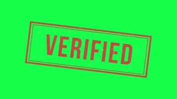 Animation of a rubber stamp pressing Verified onto a green screen background. for authentication, approval, security confirmation and editing overlays in motion graphics and digital content video