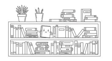 A book shelf with books and plants vector