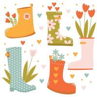 Set with different colored rubber boots and flowers on the theme of spring vector