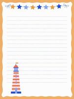 Page template for notes with a garland of stars and a lighthouse vector