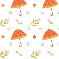 Pattern with a red umbrella and delicate flowers on a white background vector