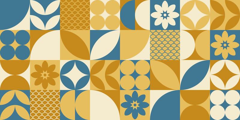 Seamless tile pattern with abstract shapes, geometric plants and petals and waves. Decorative graphic background and wallpaper, illustration.