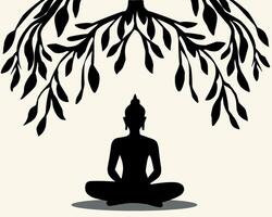 Silhouette of a meditating Buddha under a Bodhi tree. A peaceful and spiritual illustration, perfect for meditation, yoga, and Buddhist themes vector