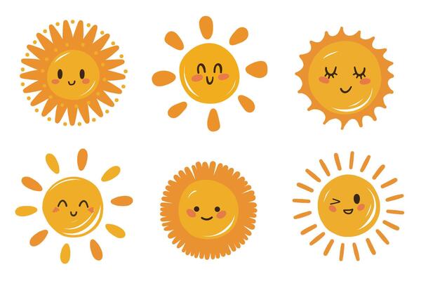 Cute sunny flat illustrations set. Collection of yellow children's sun emoticons. Smiling sun with sun rays cartoon character on white background. Printed t-shirt design element.