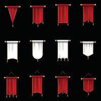 New Realistic red pennants set, flags mockup isolated on white background for branding or text. Vertical fabric flags of different shapes and forms. 3d illustration vector