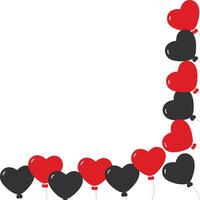 Red and Black Heart shaped balloons on rope Corner Frame border Greeting Copy space Template idea. Isolated illustration St Valentine Day greeting or web promo banner, leaflet, price tag, label vector