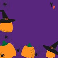Spiders on cobweb and pumpkins in Witch hats Corner Frame and decorative hearts Copy space Template. Isolated illustration Thematic cards or web promo banner, leaflets, print materials or tags vector