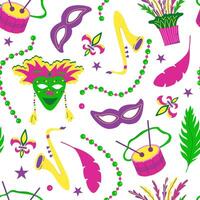 seamless pattern with elements for Mardi Gras carnival. Bright Images of mosses, hats with feathers and beads with drums for packaging and wallpaper. vector