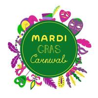 background with text in a circle with elements for Mardi Gras carnival. Bright Images of masks, feathers, hats and beads for design and logos. vector