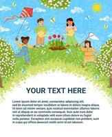 Template with Colorful Textured Illustration of Cute Children Activities in the Spring Outside on Green Grass, with Blue Sky, Sun, White Clouds and Flowering Trees with a Place for Your Text vector