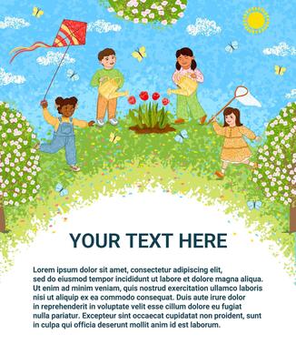 Template with Colorful Textured Illustration of Cute Children Activities in the Spring Outside on Green Grass, with Blue Sky, Sun, White Clouds and Flowering Trees with a Place for Your Text