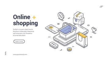 Online shopping elements showing a basket, phone, payment options, and packages for digital commerce web banner template vector