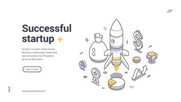 Successful startup concept web banner with a rocket launch, money bags, and growth icons vector