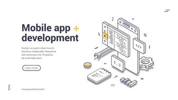 Isometric line art mobile app development web banner vector