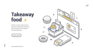 Isometric line art web banner, landing page template of online food and grocery ordering with payment methods vector