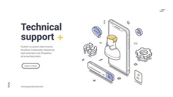 Online tech support help web banner, landing page template isometric line art design vector