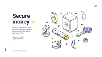 Secure money isometric line art web banner, landing page template vector