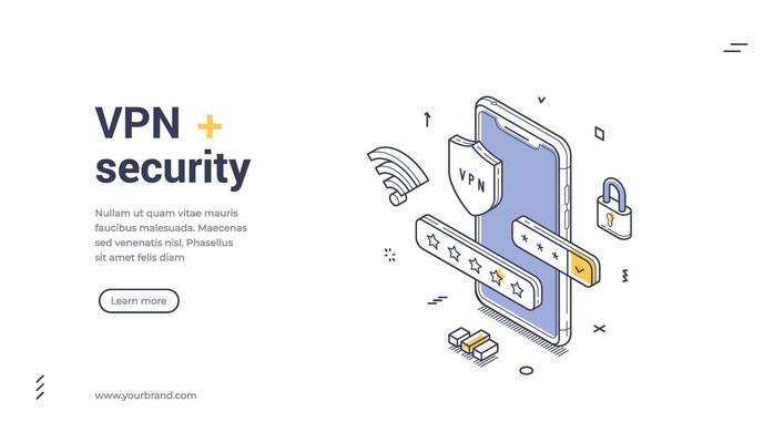 Secure online privacy and data protection with VPN technology illustrated in isometric line art web banner