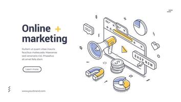 Digital marketing elements for online shopping and advertising isometric line art web banner vector