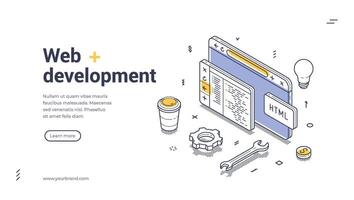 Web development elements featuring coding, tools, and icons isometric line art web banner vector