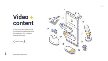 Online communication and media elements around a smartphone interface isometric line art web banner vector